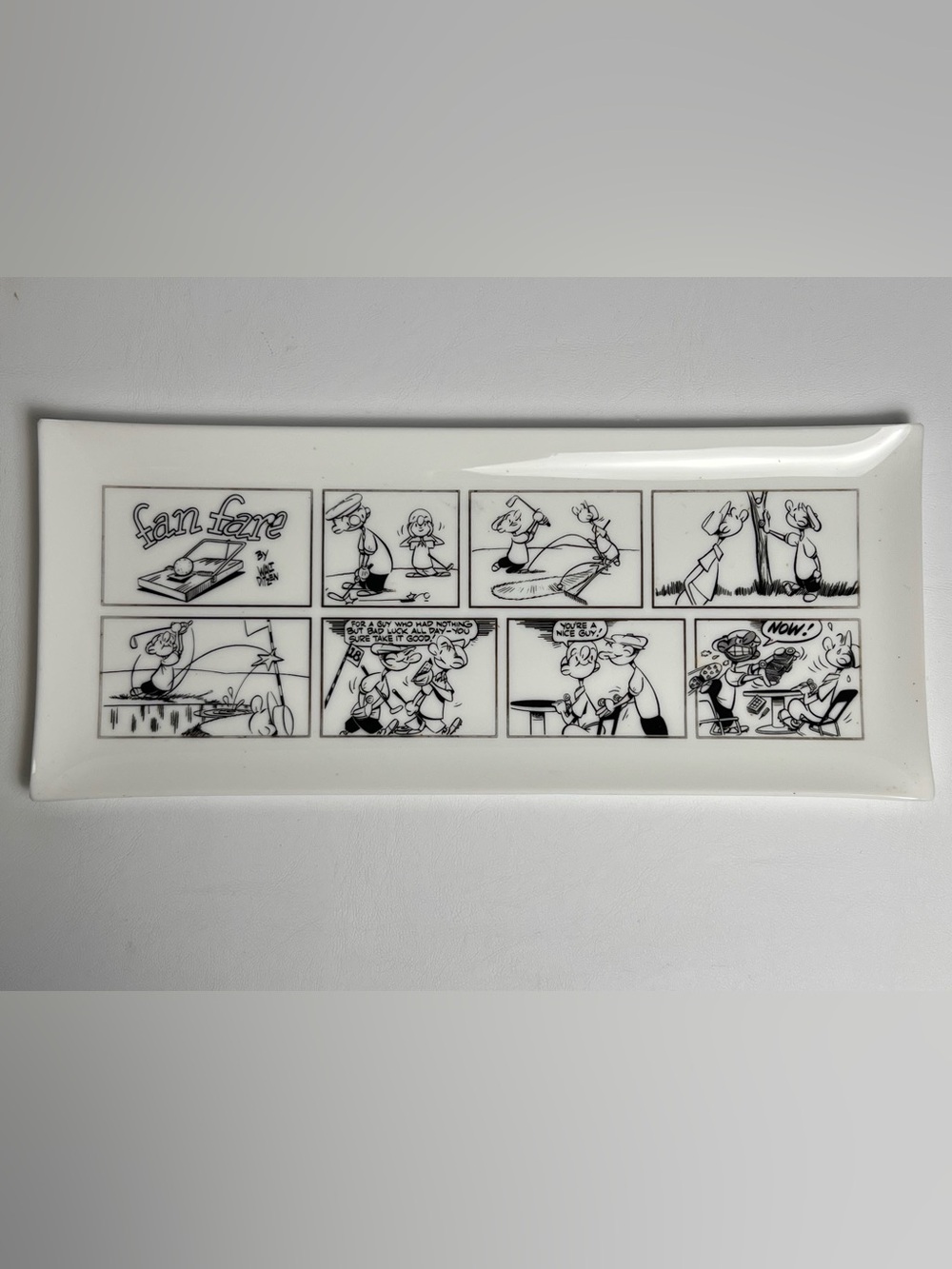 Vintage Fan Fare Golf Comic Cartoon White Glass Tray Walt Ditzen Gold Trim